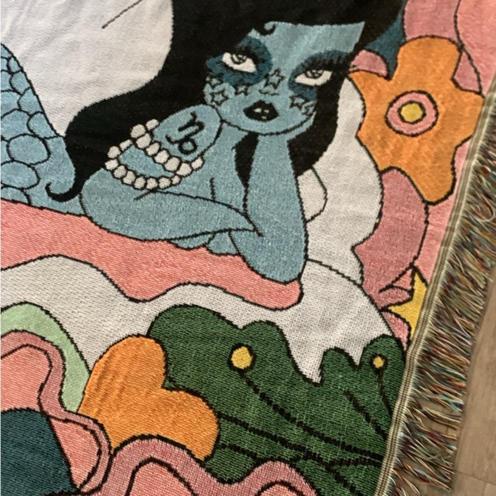 Valfre Blue Mermaid Capricorn Tapestry with Pink, Green and Orange Accents